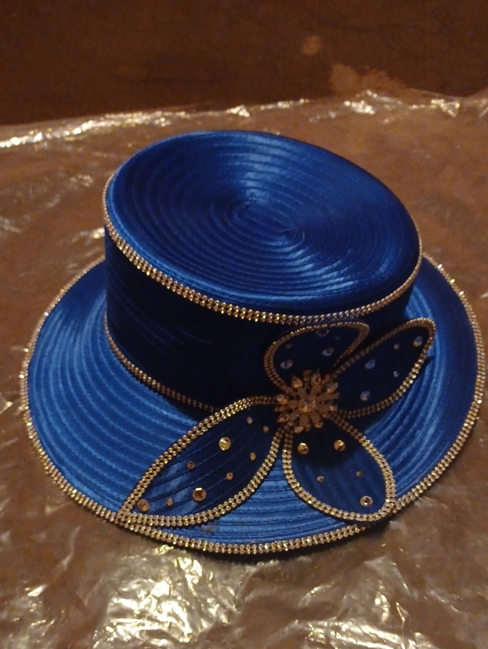 Elegant Royal Blue Women's Decorative Hat with Crystal Flower Accent